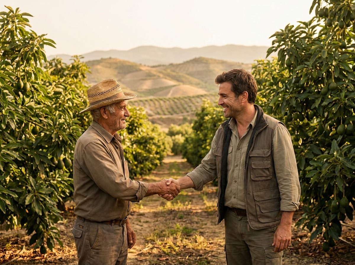 Apretón de manos entre un agricultor y nuestro seleccionador entre aguacates, con el valle al fondo