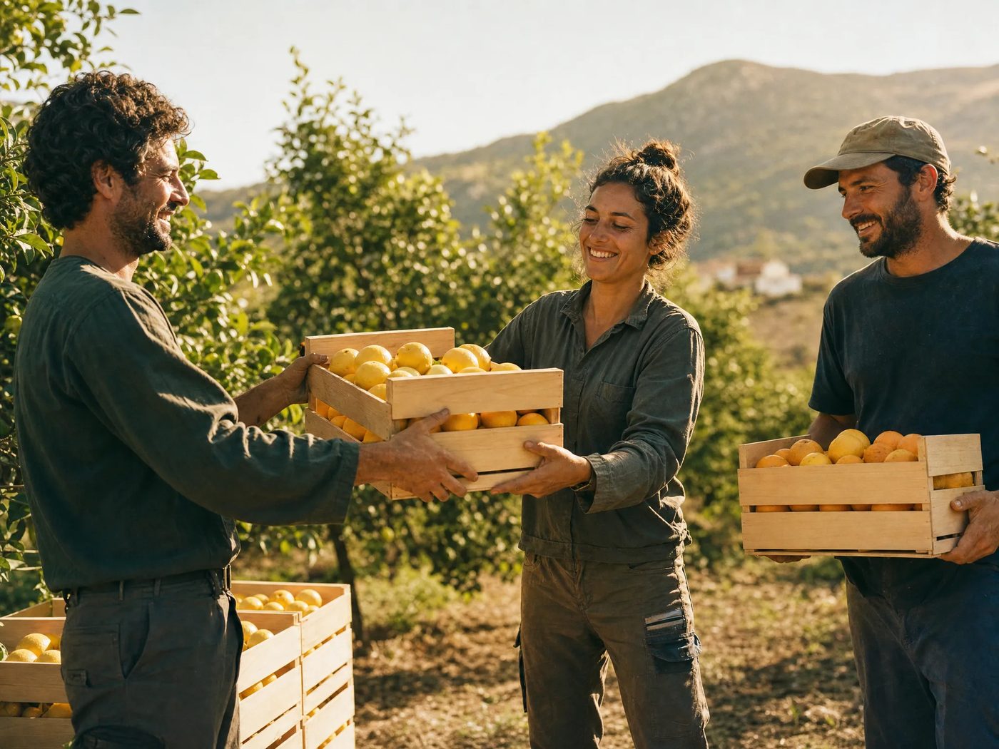 Dos hombres con sombrero de paja pasándose una caja de limones recién cogidos