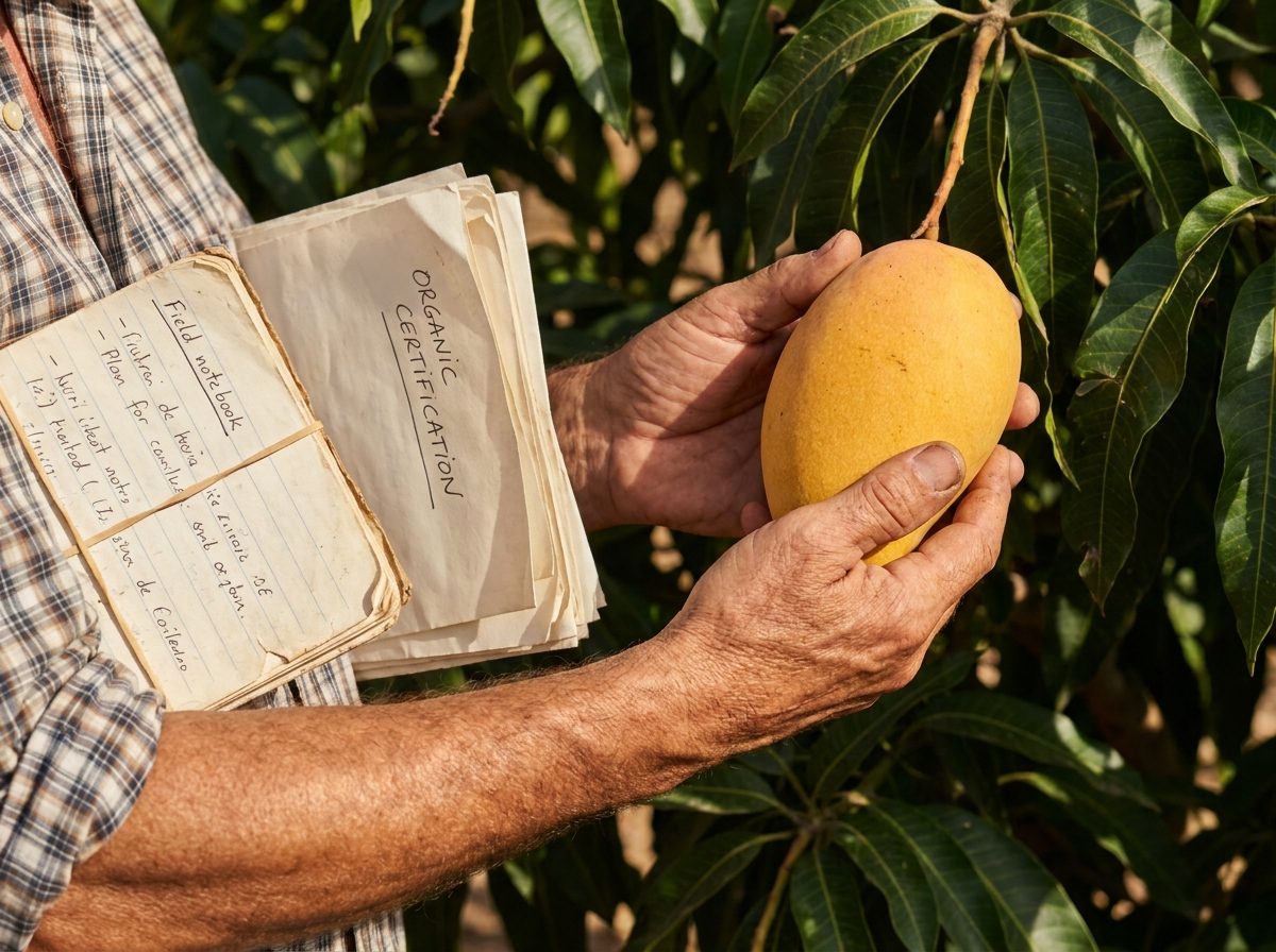 Manos examinando un mango en el árbol junto a los papeles de certificación ecológica